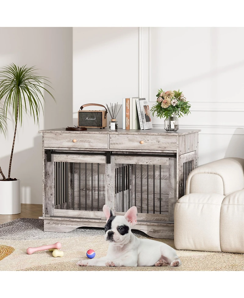 homfan Dog Crate Furniture, Dog Kennel with Storage Drawers and Sliding Barn Door, with Detachable Divider, Dog Cage End Table for 2 Medium Dogs
