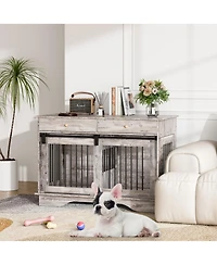 homfan Dog Crate Furniture, Dog Kennel with Storage Drawers and Sliding Barn Door, with Detachable Divider, Dog Cage End Table for 2 Medium Dogs