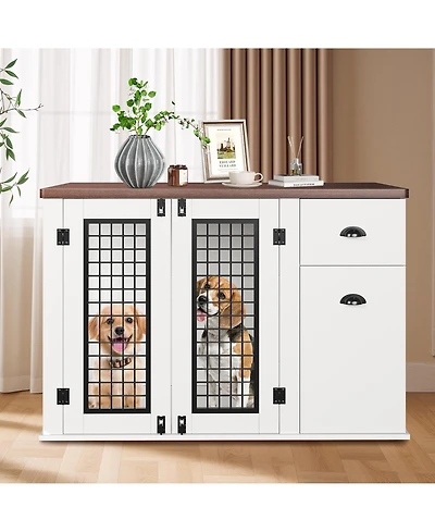 homfanDog Crate Furniture, 111 Inch Wooden Indoor Kennel End Table with Drawers and Side Cabinet for Medium Dogs