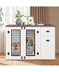homfanDog Crate Furniture, 111 Inch Wooden Indoor Kennel End Table with Drawers and Side Cabinet for Medium Dogs