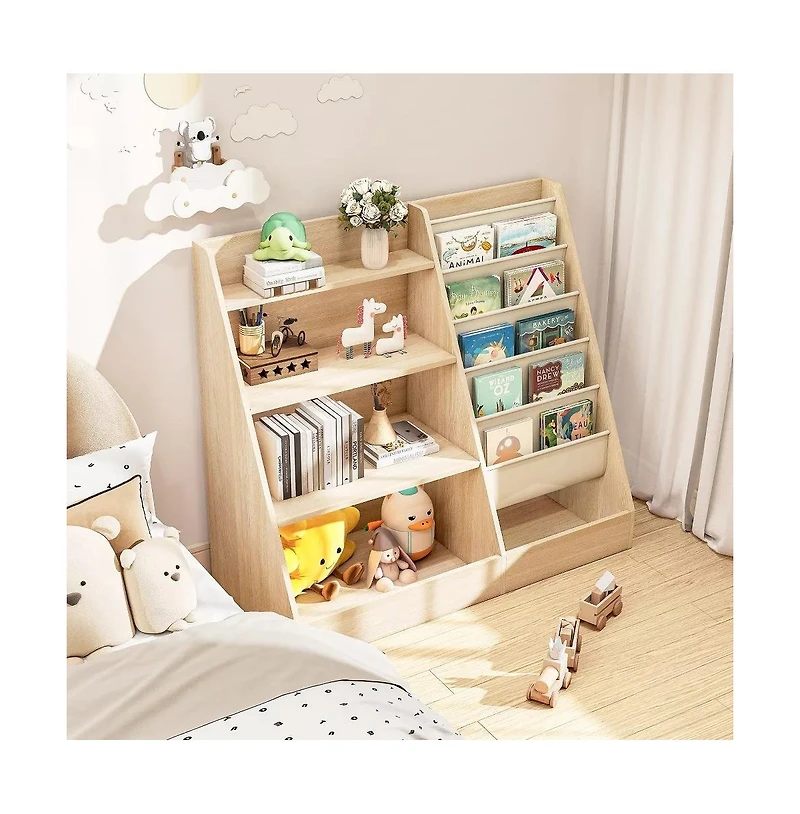 Gouun 4-Tier Kids Bookshelf and Toy Storage Organizer with Sling Pockets