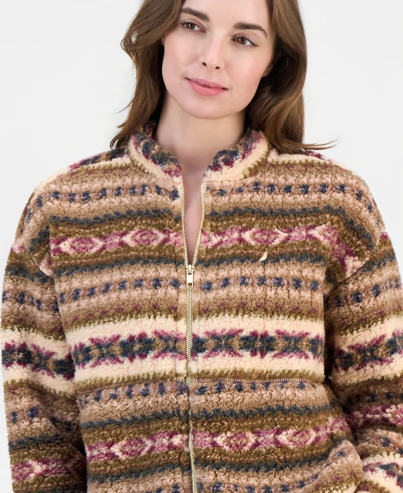 Nautica Women's Full-Zip Fair Isle Sherpa Fleece Jacket