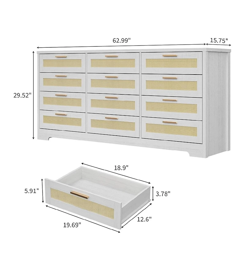 gaomon Modern Rattan Wood Dresser with 12 Drawers for Bedroom Storage