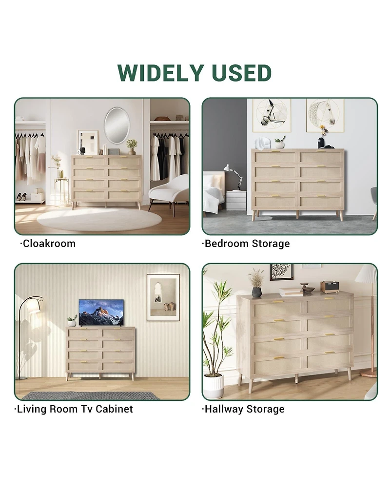gaomon 8 Drawer Rattan Dresser with 5 Legs, Farmhouse Wood Chest for Bedroom