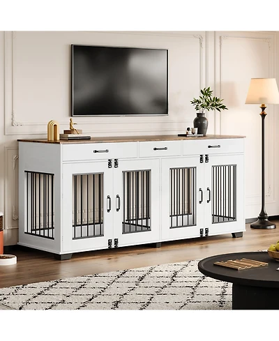 gaomon 71" Large Wooden Dog Crate Tv Stand for 2 Dogs, Indoor Furniture-Style Heavy Duty Kennel with Storage Drawers