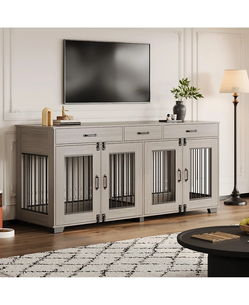 gaomon 71" Large Wooden Dog Crate Tv Stand for 2 Dogs, Indoor Furniture-Style Heavy Duty Kennel with Storage Drawers