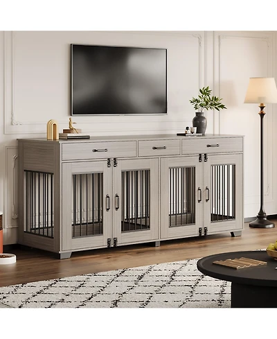 gaomon 71" Large Wooden Dog Crate Tv Stand for 2 Dogs, Indoor Furniture-Style Heavy Duty Kennel with Storage Drawers