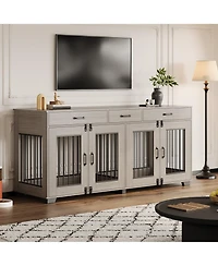 gaomon 71" Large Wooden Dog Crate Tv Stand for 2 Dogs, Indoor Furniture-Style Heavy Duty Kennel with Storage Drawers