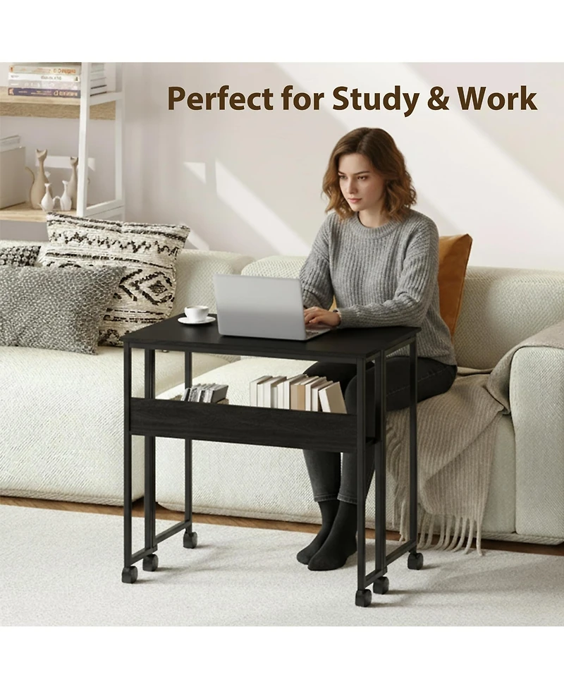 homfan 31.5" Folding Rolling Desk with Storage Shelf, Small Space Computer Table Wheels, Foldable Workstation for Home Office and Study