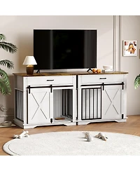 homfan Modern Farmhouse Wooden Dog Crate - Double Doors, Storage Drawer and Cabinet, End Table, Carbon Steel Frame.