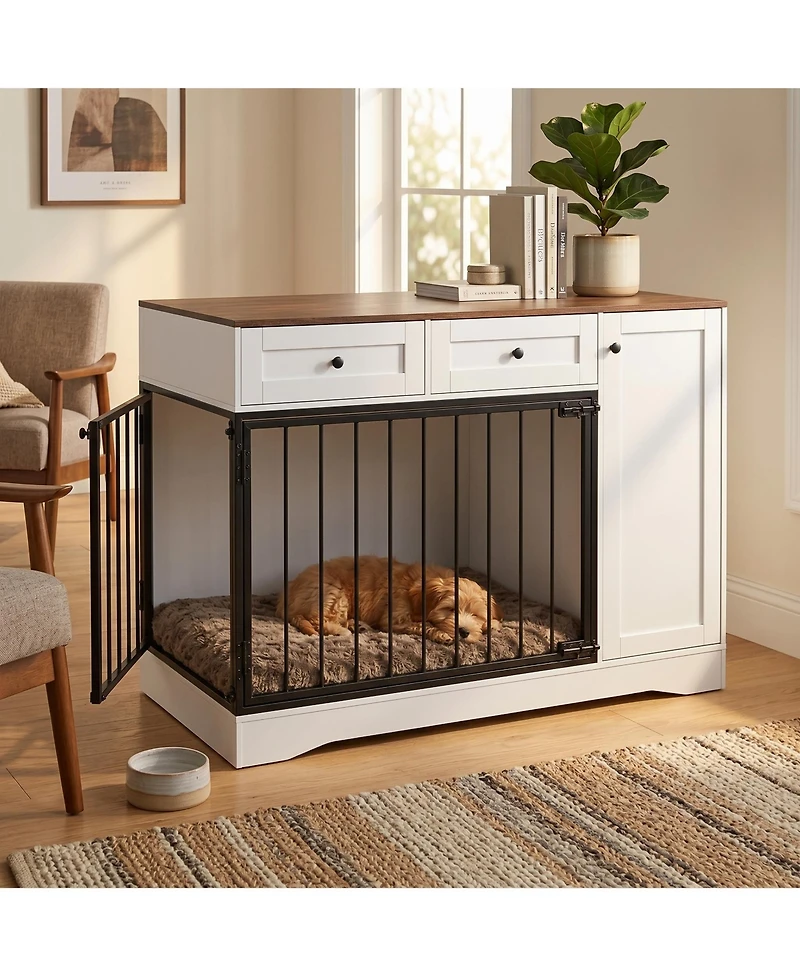homfan Heavy Duty 47" Dog Crate Furniture with Double Doors - 2 Drawers and Cabinet - Decorative Indoor Dog House End Table for Small, Medium.