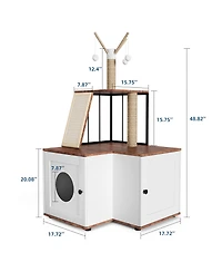 homfan Multi-Level Wooden Crate with Storage Tall House with Hidden Litter Box, Scratching Post, Play Area, L-Shaped Design, Easy Clean Indoor Kennel.