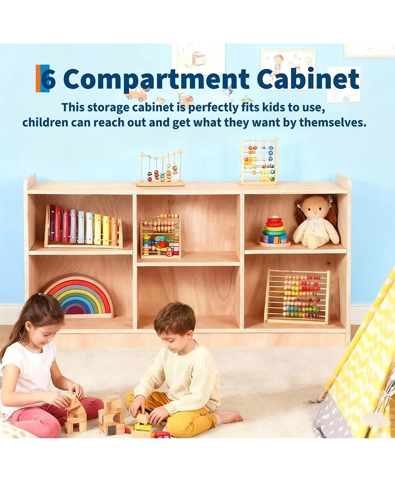 gaomon Natural Wood Montessori Kids Storage Shelf, 6 Compartment Toy and Book Organizer for Playroom, Bedroom and Classroom