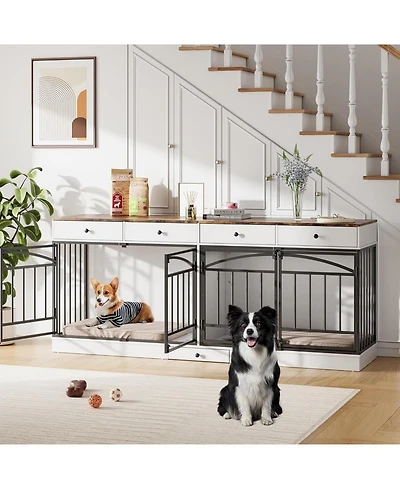 homfan Double Dog Crate Furniture for 2 Small/Medium Dogs with Drawers, Doors, Feeding Bowls, Wooden Indoor Kennel & Tv Stand