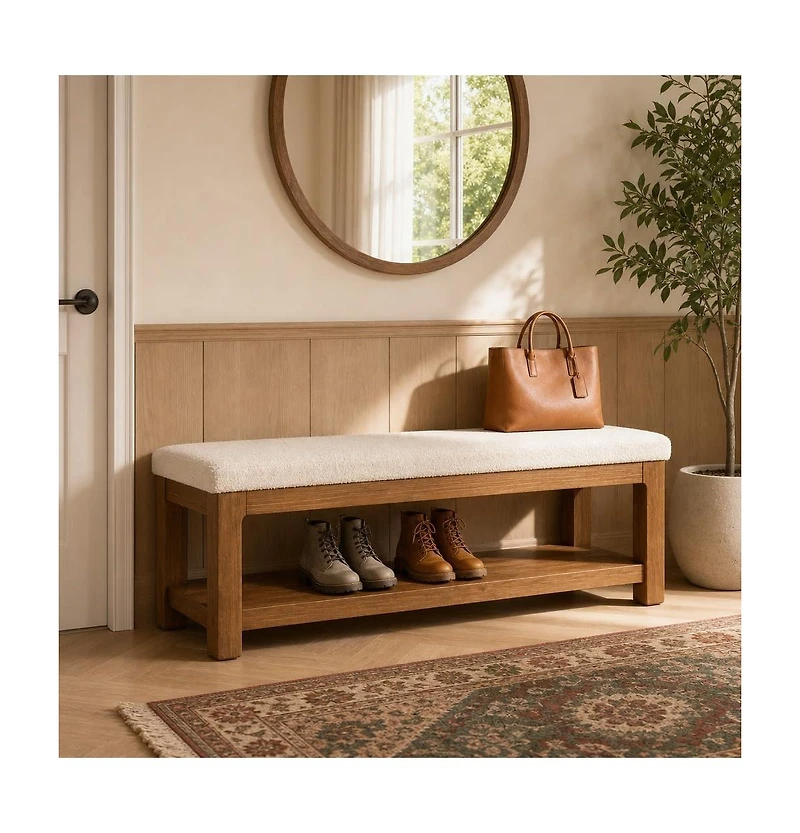 Tribesigns Solid Wood Dining Bench with Sturdy Frame, Farmhouse Upholstered Bench with 2-Tier Storage Shelf for Dining Room, Living Room, Hallway