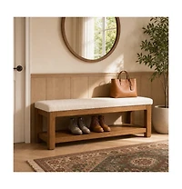 Tribesigns Solid Wood Dining Bench with Sturdy Frame, Farmhouse Upholstered Bench with 2-Tier Storage Shelf for Dining Room, Living Room, Hallway