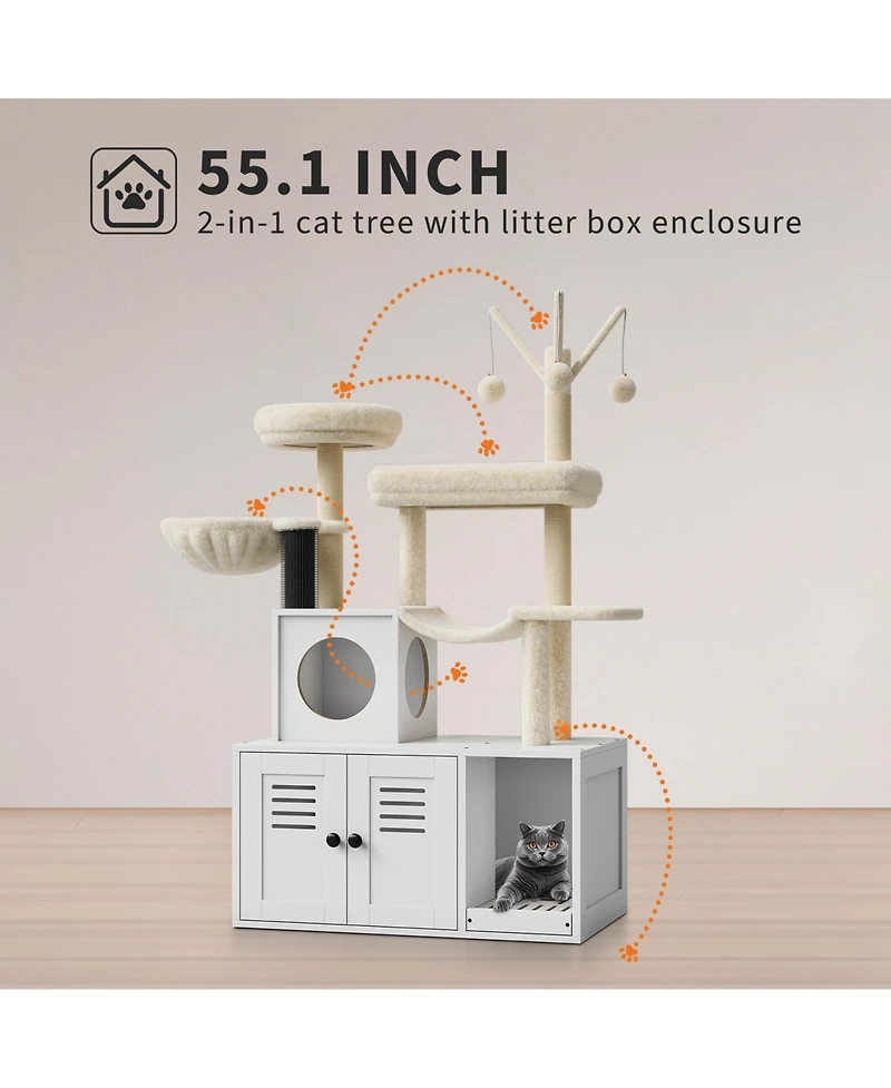 Homfan 2-in-1 Cat Litter Box Enclosure with Tower, Scratching Post, Soft Perch, Multi-Level Platforms & Cat Toy for Indoor Use