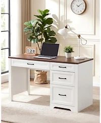 homfan Farmhouse Executive Desk - File Cabinet and Storage Drawers, Space-Saving Small Desk for Bedroom Office