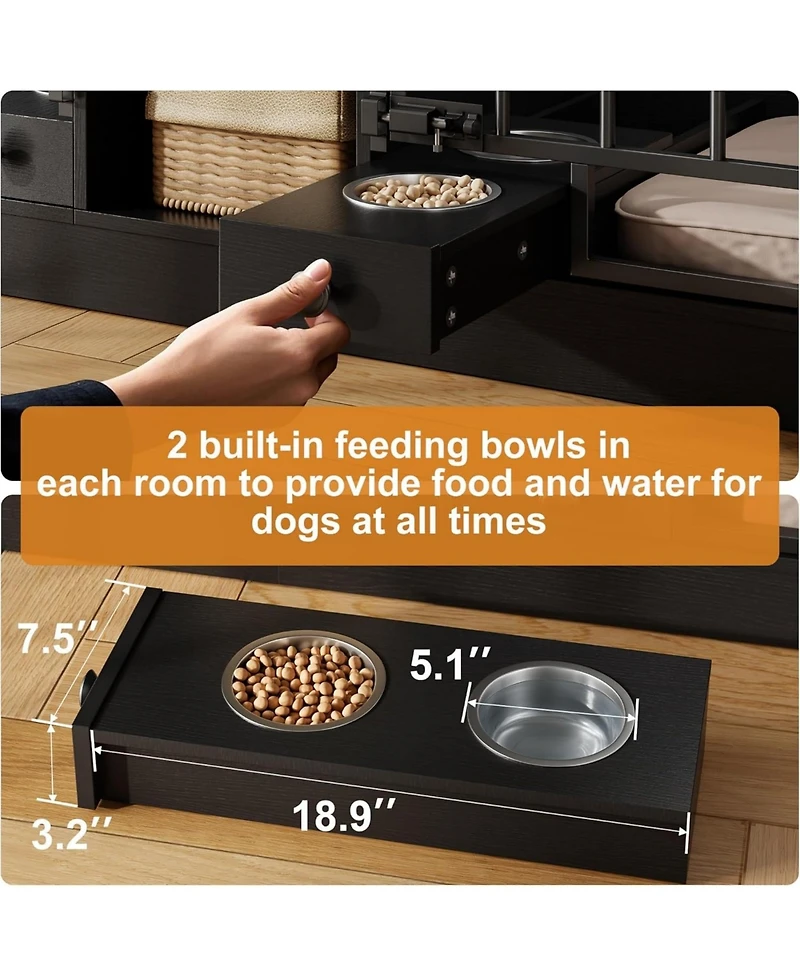 homfan Double Dog Crate Furniture for 2 Small/Medium Dogs with Drawers, Shelves, Feeding Bowls, Indoor Kennel & Tv Stand