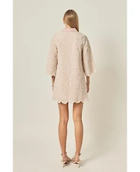 English Factory Women's Striped Embroidered Scallop Hem Shirt Mini Dress