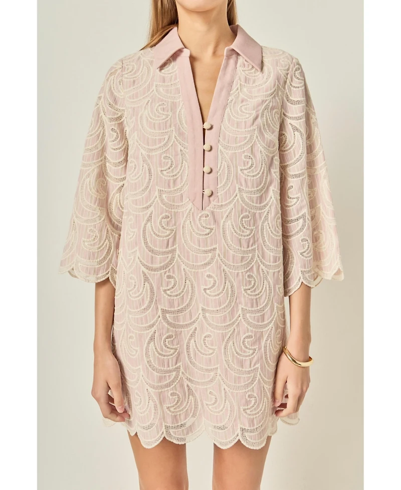 English Factory Women's Striped Embroidered Scallop Hem Shirt Mini Dress