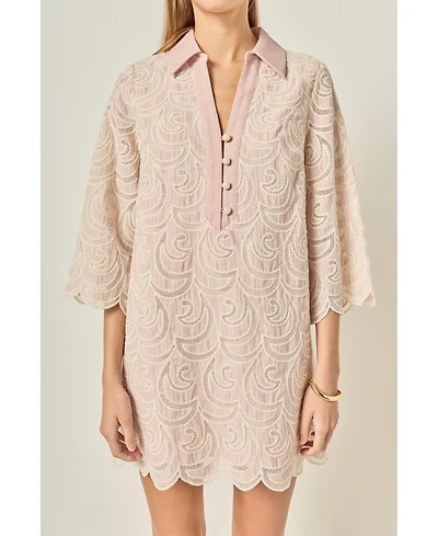 English Factory Women's Striped Embroidered Scallop Hem Shirt Mini Dress