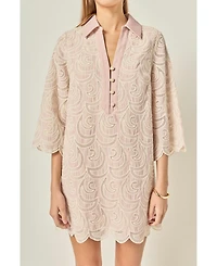 English Factory Women's Striped Embroidered Scallop Hem Shirt Mini Dress
