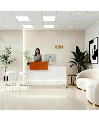 Logicfox Reception Desk with Counter Drawer Keyboard Tray Cabinet and Led Stone Look and Wood