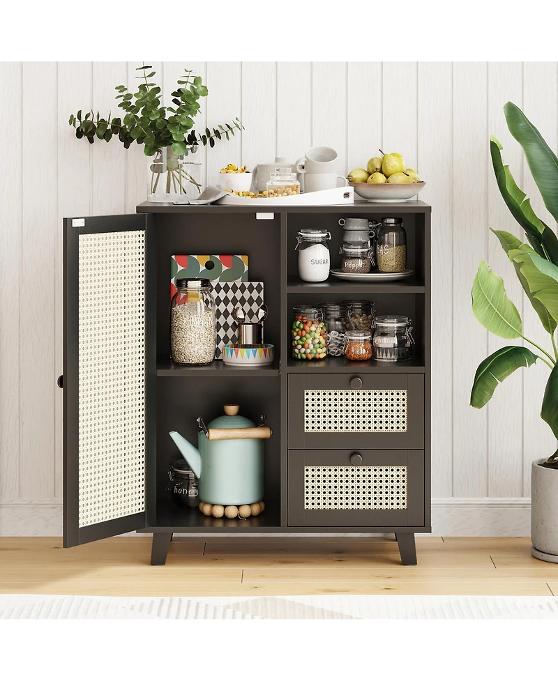Clihome Rattan Buffet Cabinet with Adjustable Shelf And Drawers