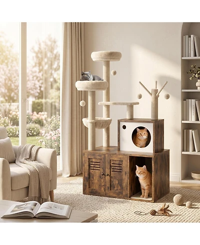 homfan Stylish Wooden Cat Litter Box Enclosure with Barn Door, Bathroom Furniture Cabinet, Fits Most Boxes, Storage Solution, Pet House