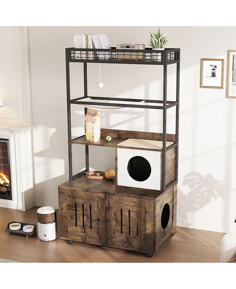 homfan Cat Litter Box Enclosures with Storage Rack, Enclosed Furniture, Hammock, Sisal Balls and Scratching Mat