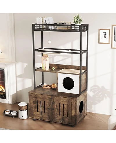 homfan Cat Litter Box Enclosures with Storage Rack, Enclosed Furniture, Hammock, Sisal Balls and Scratching Mat