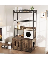 homfan Cat Litter Box Enclosures with Storage Rack, Enclosed Furniture, Hammock, Sisal Balls and Scratching Mat