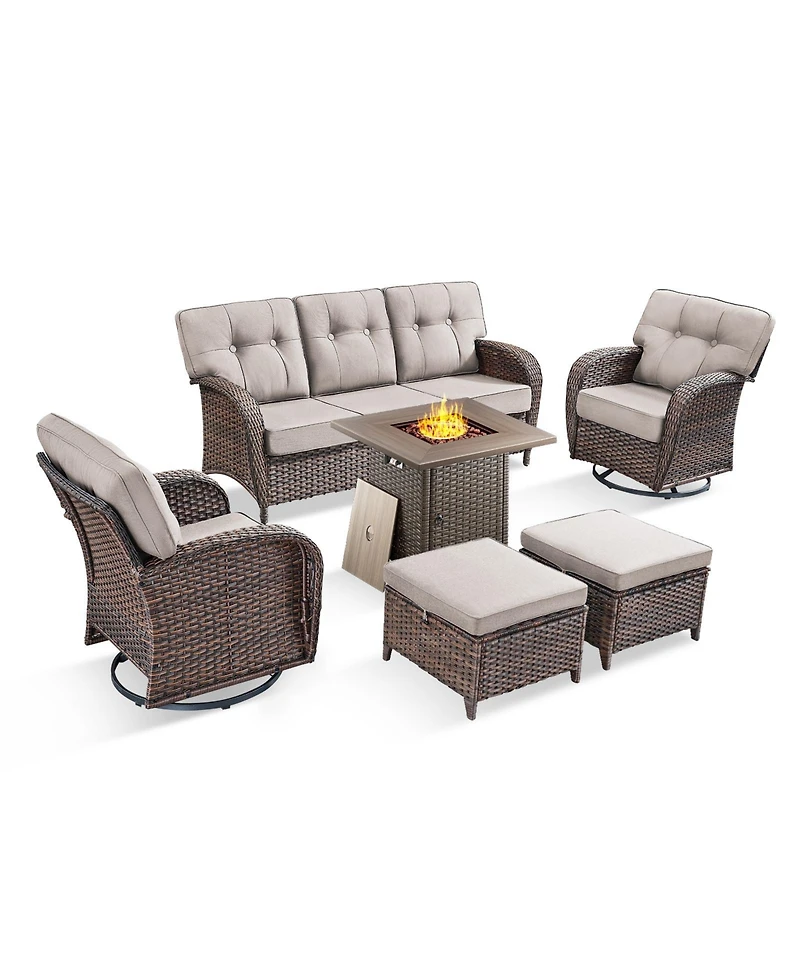 Pocassy 6 Pieces Patio Furniture Set with 30" Fire Pit High Back Outdoor 5-inch Cushions Wicker Swivel Rocker Chairs