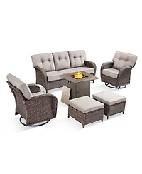Pocassy 6 Pieces Patio Furniture Set with 30" Fire Pit High Back Outdoor 5-inch Cushions Wicker Swivel Rocker Chairs