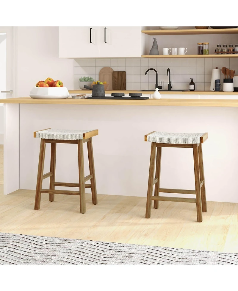 Costway Set of 2 25.5" Dining Saddle Stool Counter Height Seaweed Woven Seat Solid Wood