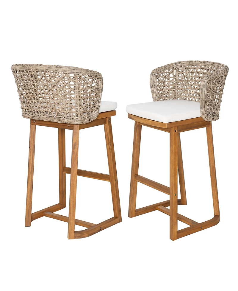 Flynama Set of 2 Outdoor Acacia Wood Bar Stools, Teak Finish with Cushion and Wicker Back