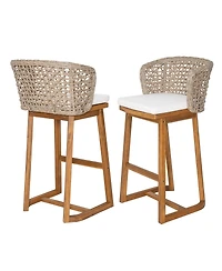Flynama Set of 2 Outdoor Acacia Wood Bar Stools, Teak Finish with Cushion and Wicker Back