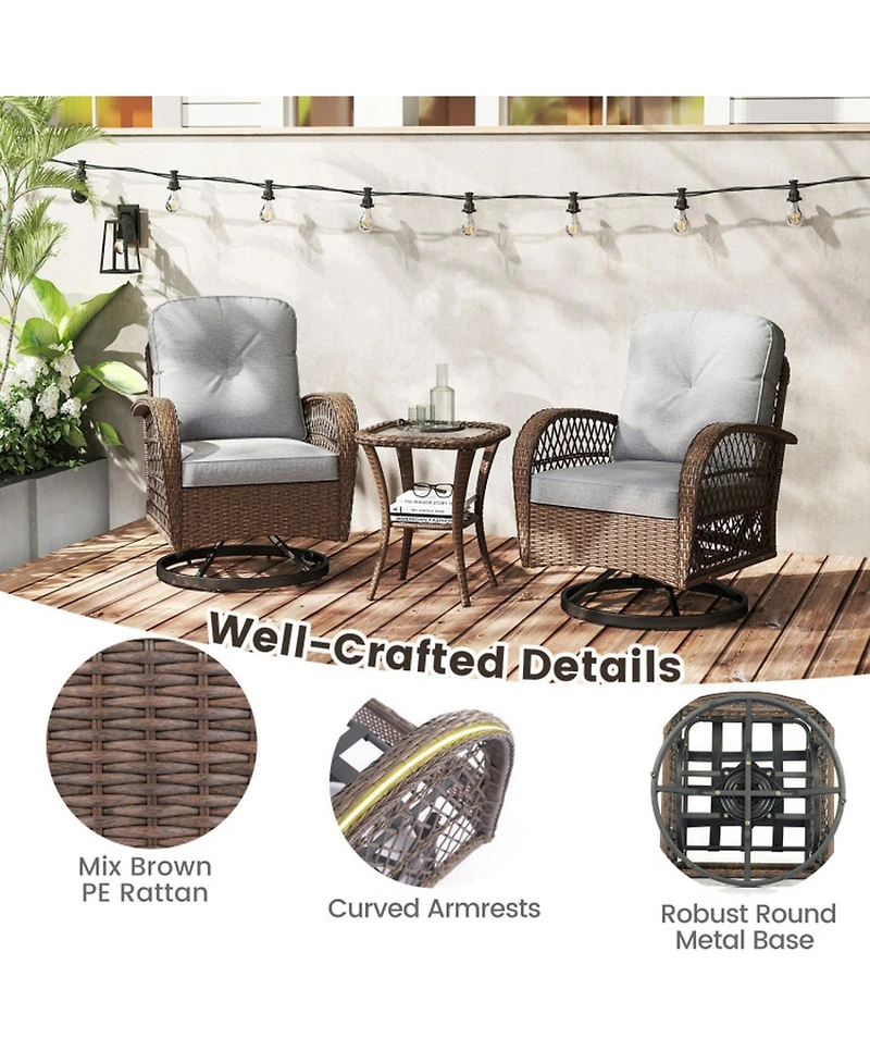 Sugift 3-Piece Patio Swivel Rocker Set with Tempered Glass Side Table and Thick Cushions