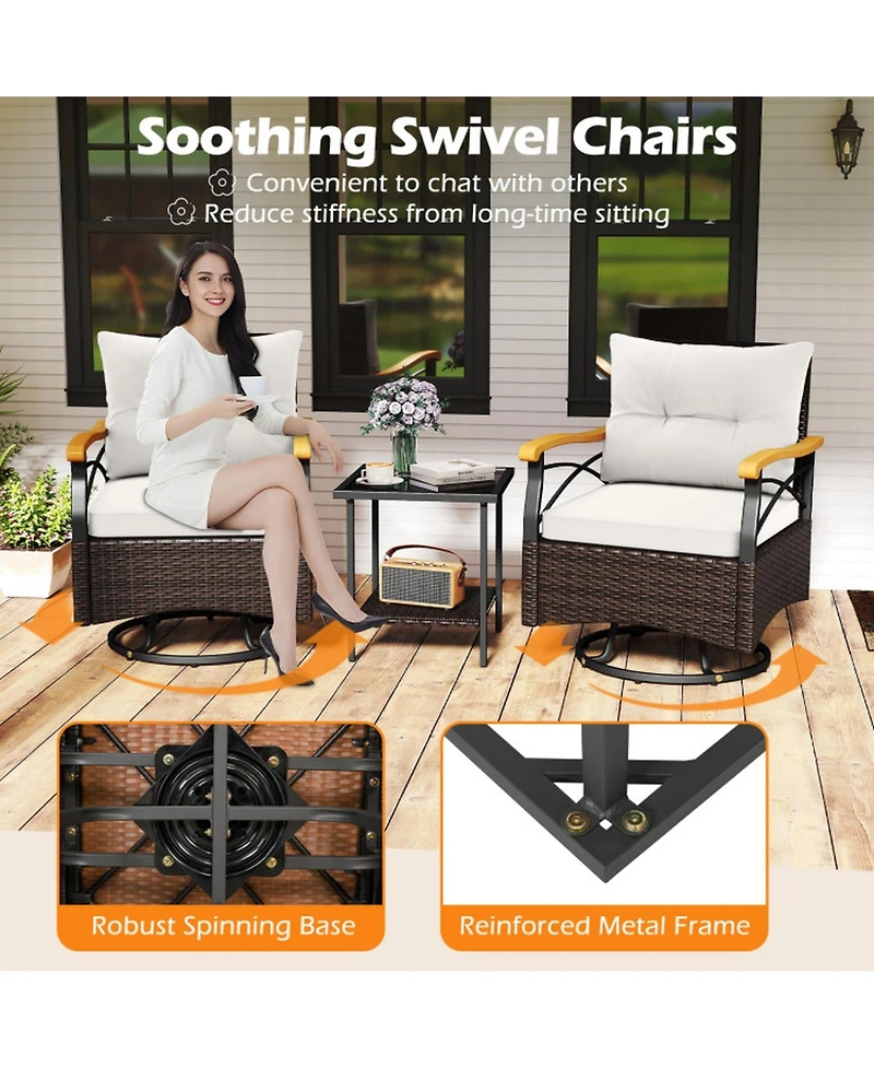 Gouun 3-Piece Outdoor 360-Degree Swivel Chair Set with 2-Tier Glass Side Table