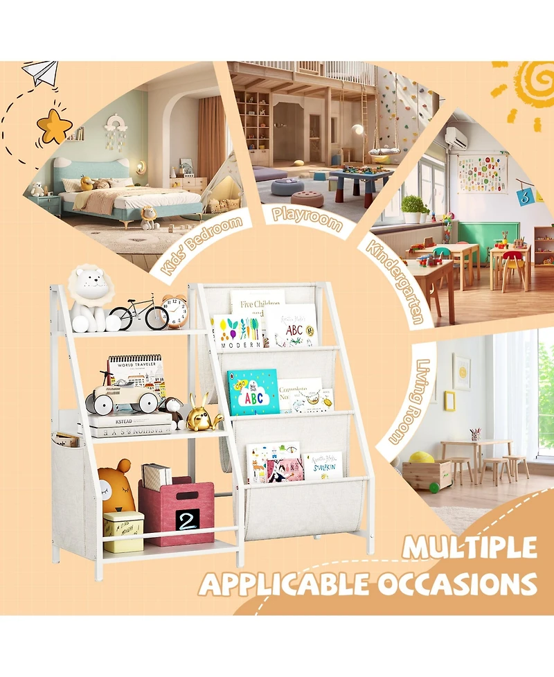 Flynama Montessori Kids Bookshelf Wooden Fabric Combined Anti-Tip Toddler Nursery Book Toy Storage Rack
