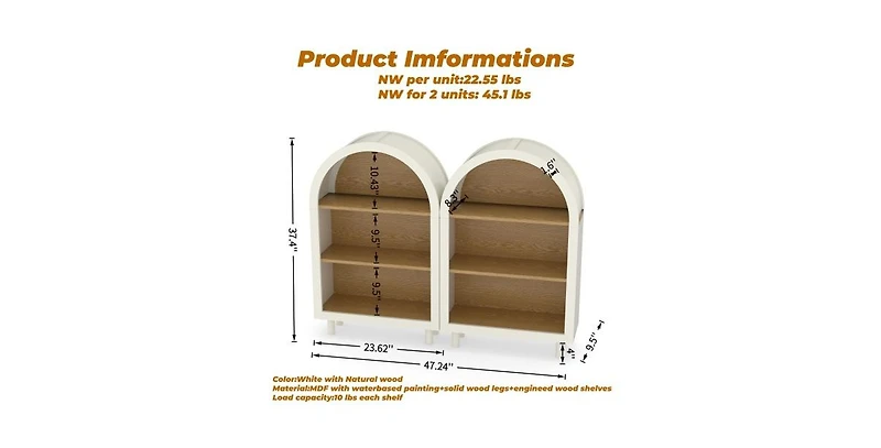 Flynama Set of 2 Woodgrain 3-Tier Elegant Arched Top Storage Bookcase