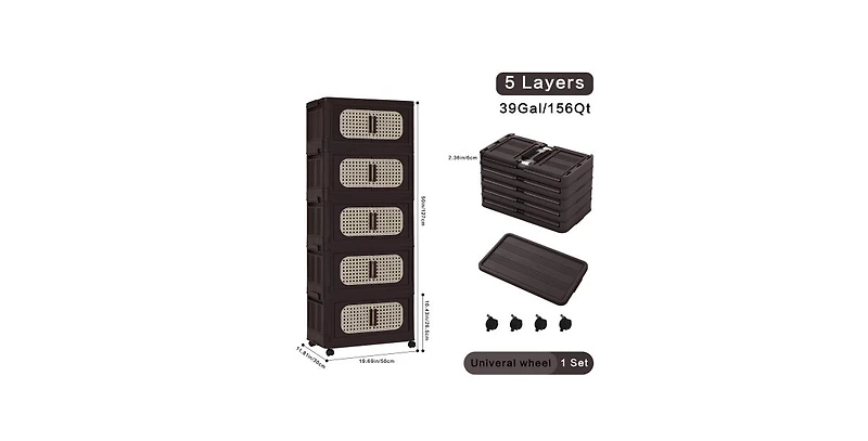 Flynama 20 Inch Five-Tier Folding Plastic Storage Cabinet Magnetic Door with Universal Moving Wheels