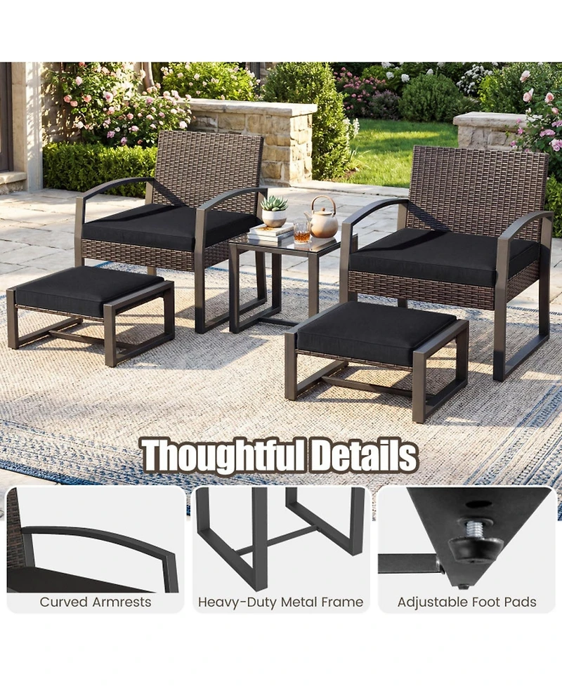 Sugift 5-Piece Patio Conversation Set with 2 Ottomans and Tempered Glass Side Table