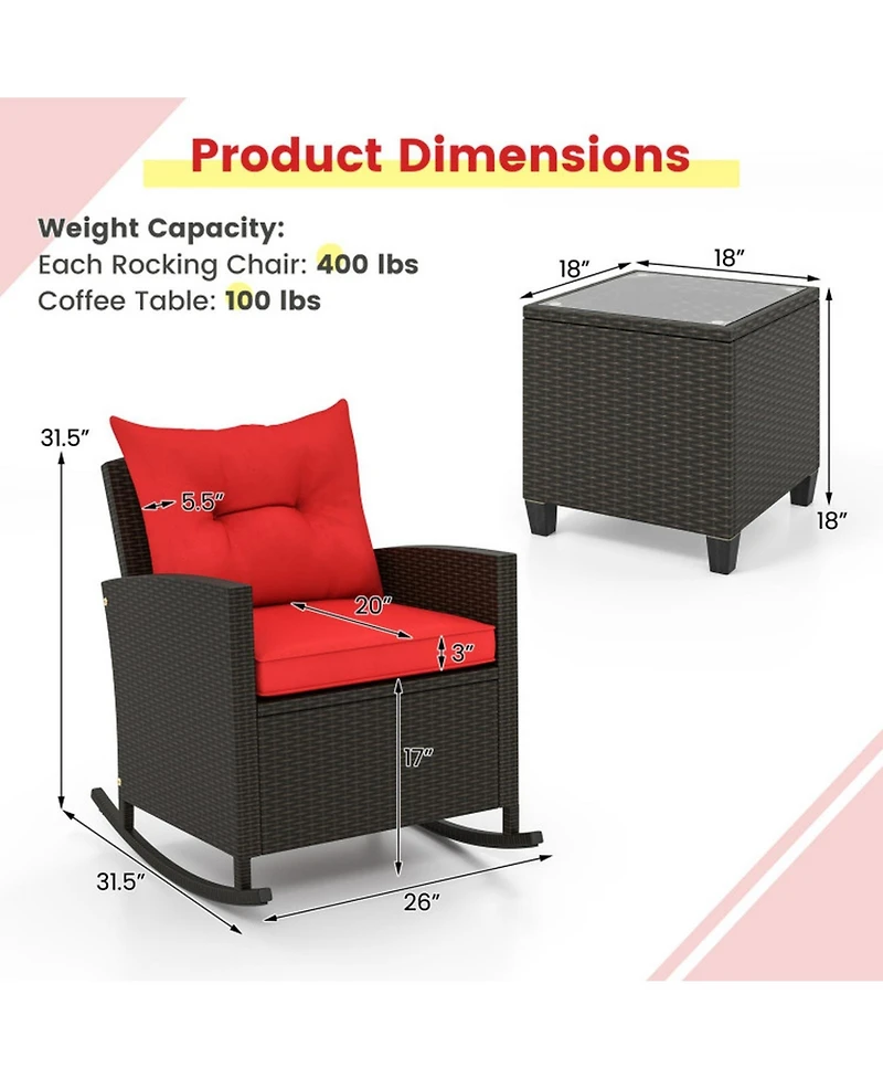 Sugift 3-Piece Patio Rattan Rocker Chair Set with Tempered Glass Side Table and Cushions