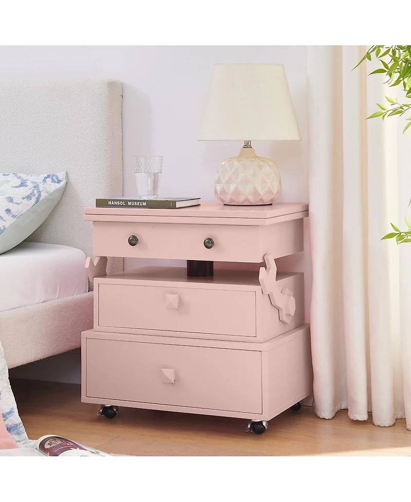 Streamdale Furniture High-Gloss Adjustable Rolling End Table with Charging Station and Storage