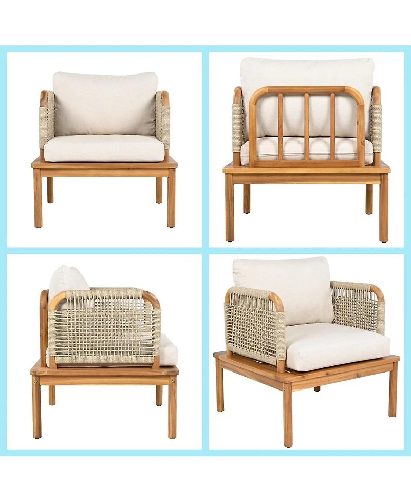 Asagikoiai 5-Piece Acacia Wood Outdoor Conversation Sofa Set with Rope Weave and Waterproof Cushions
