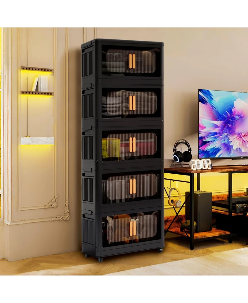 Flynama Folding Storage Cabinet with Wheels 5 Tier Collapsible Organizer