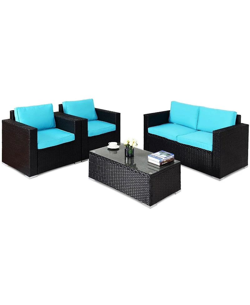Slickblue 4PC Rattan Patio Furniture Set Outdoor Wicker With Blue Cushion
