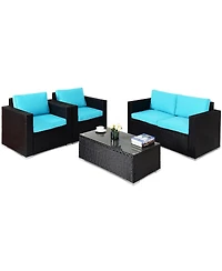 Slickblue 4PC Rattan Patio Furniture Set Outdoor Wicker With Blue Cushion